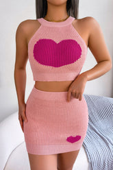 Heart Contrast Ribbed Sleeveless Knit Top and Skirt Set OutfitFlow