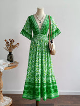 Floral Deep V-Neck Flutter Sleeves Dress Green OutfitFlow