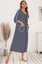 Round Neck Three-Quarter Sleeve Midi Night Dress Navy OutfitFlow
