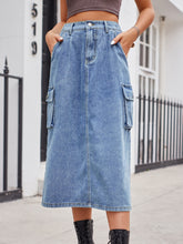 Slit Buttoned Denim Skirt with Pockets Dusty Blue OutfitFlow