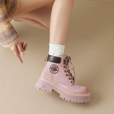 Round Toe Platform Lace Up Boots Blush Pink OutfitFlow