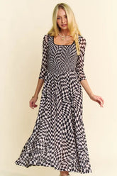 Davi & Dani Printed Checker Mesh Flowy Maxi Dress Black OutfitFlow