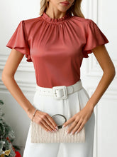 Mock Neck Flutter Sleeve Blouse Burnt Coral OutfitFlow
