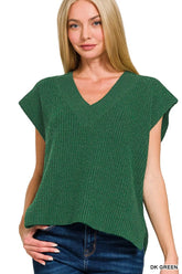 Zenana Oversized Sweater Vest with Side Slit DK GREEN OutfitFlow