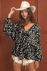 BiBi Leopard Woven Tied Spaghetti V Neck Lslv Top BLACK OutfitFlow