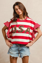 BiBi Stripe Mixed Ruffle Sleeve Top With Leopard Letter RED OutfitFlow
