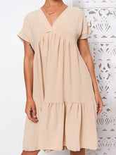 V-Neck Babydoll Tiered Mini Dress Tan OutfitFlow