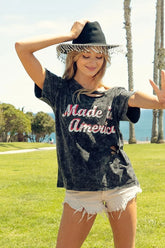 BiBi Laser Cut Mineral Washed America Print Top BLACK CHARCOAL OutfitFlow