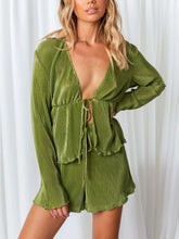 Long Sleeve Top and Shorts Set Green OutfitFlow