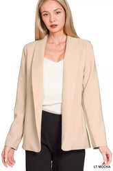 Zenana Woven Long Sleeve Blazer With Lining LT MOCHA OutfitFlow