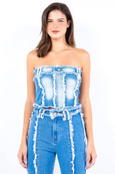 American Bazi Frayed Edge Denim Corset Top LT Blue OutfitFlow