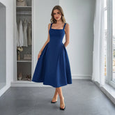 Square Neck Wide Strap Midi Dress Navy OutfitFlow
