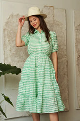 Davi & Dani Checkered Puff Sleeve Tiered Shirt Dress Green OutfitFlow