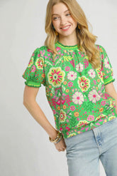 Umgee Retro Floral Puff Sleeve Top GREEN MIX OutfitFlow