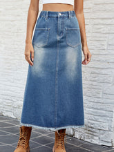 Raw Hem Buttoned Denim Skirt with Pockets Dusty Blue OutfitFlow