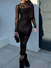 Lace Round Neck Long Sleeve Midi Dress Black OutfitFlow