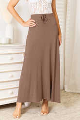 Double Take Full Size Soft Rayon Drawstring Waist Maxi Skirt Mocha OutfitFlow