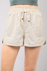 VERY J Drawstring Elastic Waist Linen Shorts Oatmeal OutfitFlow
