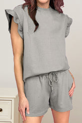 Slit Round Neck Top and Drawstring Shorts Set Gray OutfitFlow