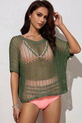 Openwork Round Neck Half Sleeve Knit Cover Up Moss OutfitFlow