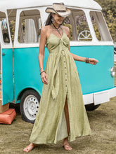 Printed Halter Neck Maxi Dress Sage OutfitFlow