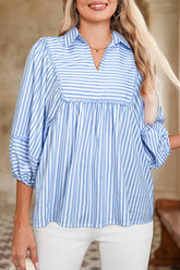 Striped Notched 3/4 Sleeve Blouse Light Blue OutfitFlow