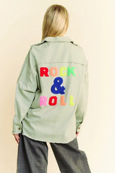 Davi & Dani Multi Color Rock & Roll Fringed Hem Loose Fit Shacket Light Sage OutfitFlow