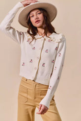 SO ME Collared Floral Embroidered Button Down Sweater Cardigan CREAM MULTI OutfitFlow