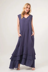 And The Why Washed Cotton Gauze Fringe Detail Tiered Dress Navy OutfitFlow
