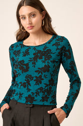 Mittoshop Flower Print Long Sleeve Knit Top Teal OutfitFlow