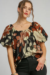 Umgee Full Size Print Round Neck Puff Sleeve Top Plus Size RUST MIX OutfitFlow