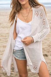 Openwork Side Slit Open Front Long Sleeve Cardigan Beige OutfitFlow