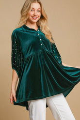 Umgee Pearl Detail Half Sleeve Velvet Babydoll Blouse Hunter Green OutfitFlow