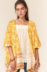 Davi & Dani Floral Printed Short Sleeve Loose Fit Kimono Cover Up YELLOW OutfitFlow