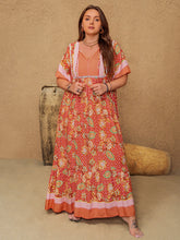 Plus Size Printed Tie Neck Flutter Sleeve Maxi Dress Coral OutfitFlow