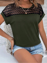 Lace Round Neck Short Sleeve T-Shirt Army Green OutfitFlow