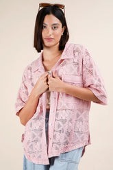 VERY J Plus Size Oversized Crochet Button Down Shirt Top Blush OutfitFlow