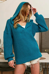 BiBi Raw Edge Detail V-Neck Sweater Hoodie TEAL OutfitFlow