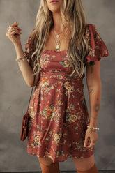 Floral Puff Sleeve Square Neck Knot Open Back Mini Dress Caramel OutfitFlow