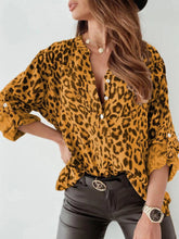 Full Size Leopard Print Roll-Tab Sleeves Blouse Plus Size Yellow OutfitFlow