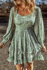Ruffle Hem Floral Square Neck Long Sleeve Dress Sage OutfitFlow