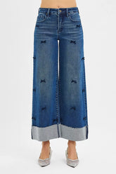 RISEN High Rise Crop Wide Leg Ribbon Detail Jeans DARK OutfitFlow