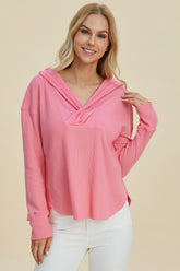 Double Take Full Size High-Low Dropped Shoulder Long Sleeve Hoodie Pink OutfitFlow