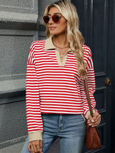 Striped Johnny Collar Long Sleeve Sweatshirt Red White OutfitFlow