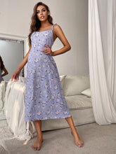 Printed Tie Shoulder Midi Night Dress Blue OutfitFlow
