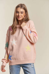 ADORA Stars Pattern Round Neck Drop Shoulder Sweater Blush OutfitFlow