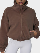 Drawstring Turtleneck Zip Up Long Sleeve Jacket Coffee Brown OutfitFlow