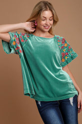 Umgee Velvet Embroidery Short Sleeve Blouse Turquoise OutfitFlow
