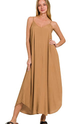 Zenana Woven Arc Hem Cami Dress With Flowy Pockets DEEP CAMEL OutfitFlow