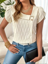 Asymmetrical Textured Short Sleeve Blouse Cream OutfitFlow